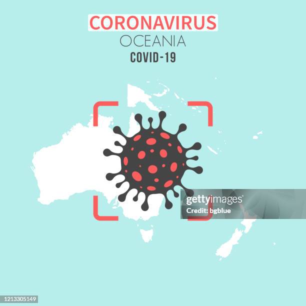 ilustraciones, imágenes clip art, dibujos animados e iconos de stock de mapa de oceanía con una célula coronavirus (covid-19) en visor rojo - vanuatu