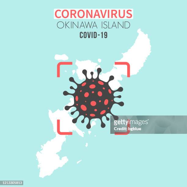okinawa island map with a coronavirus cell (covid-19) in red viewfinder - okinawa prefecture stock illustrations