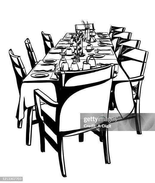 restaurant table for group ink - black tablecloth stock illustrations