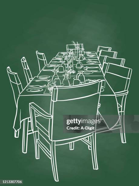 restaurant table for group chalkboard - table white tablecloth stock illustrations