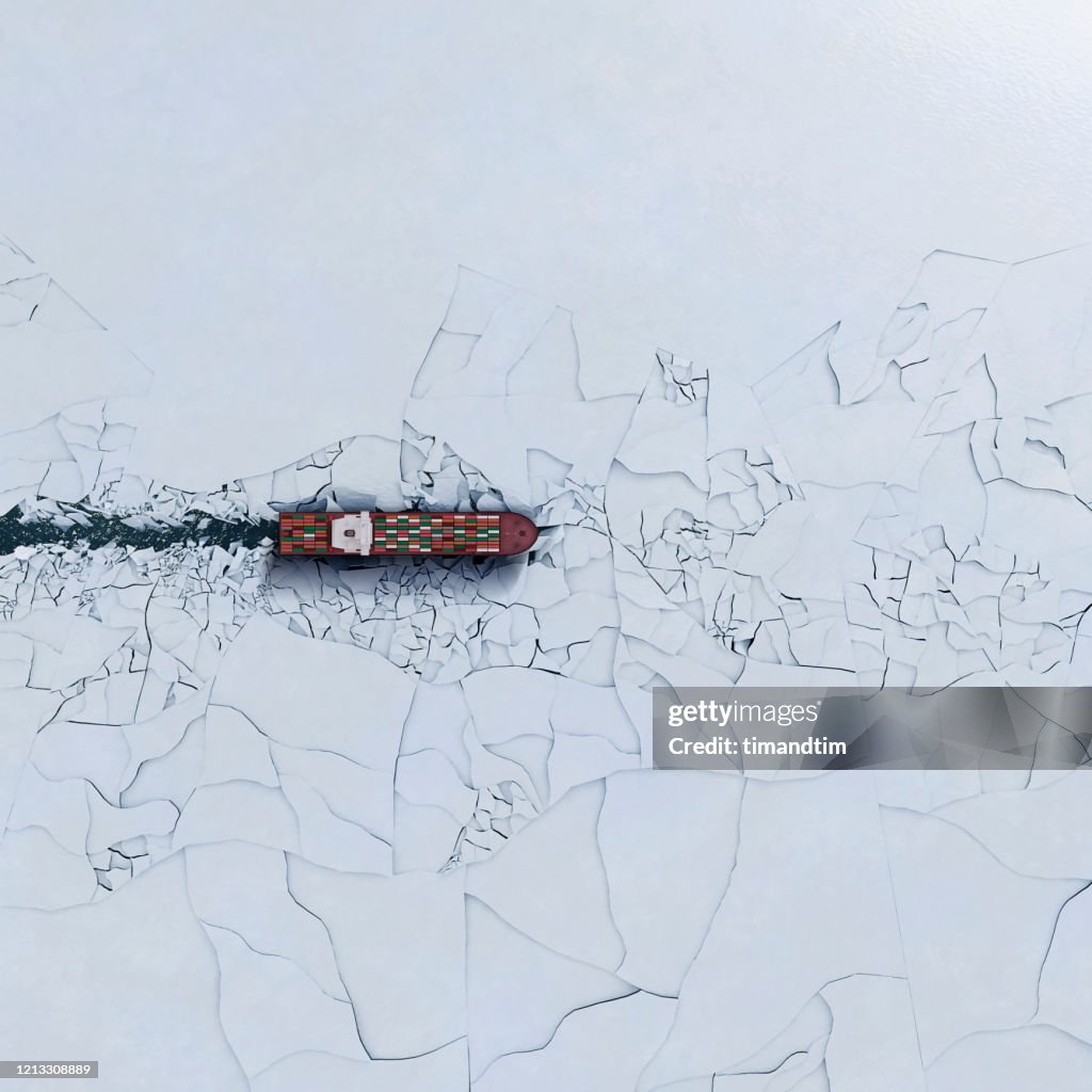 Container ship breaking ice