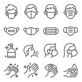 Mask protection virus icon set vector illustration. Contains such icon as clean, sneeze, mask, hand washing, hand sanitizer and more. Expanded Stroke