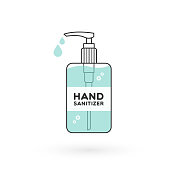Hand sanitizer bottle isolated with pump. Washing alcohol gel used against viruses, bacteria, flu, coronavirus. Waterless hand cleaner. Handwashing. Black outline. Vector illustration, flat design