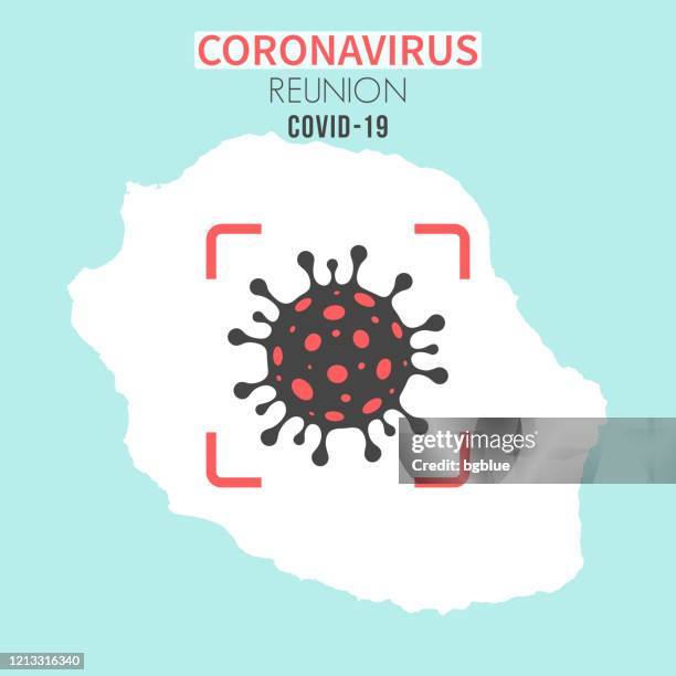 ilustraciones, imágenes clip art, dibujos animados e iconos de stock de mapa de reunión con una célula de coronavirus (covid-19) en visor rojo - reunion island