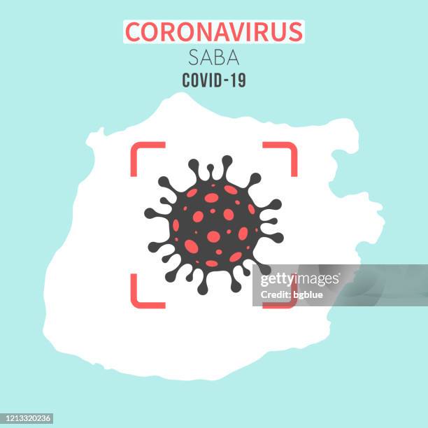saba map with a coronavirus cell (covid-19) in red viewfinder - viewfinder ocean stock illustrations