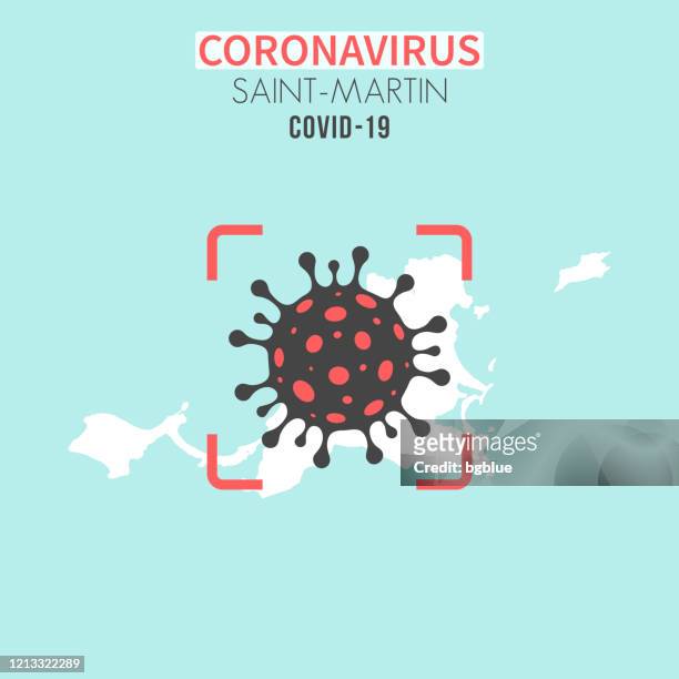 saint-martin map with a coronavirus cell (covid-19) in red viewfinder - marigot stock illustrations