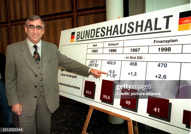 Finanzminister Theo Waigel zeigt auf einer Schautafel die Entwicklung des Bundeshaushaltes. Das Kabinett beschloß den Bundeshaushalt 1996 mit...