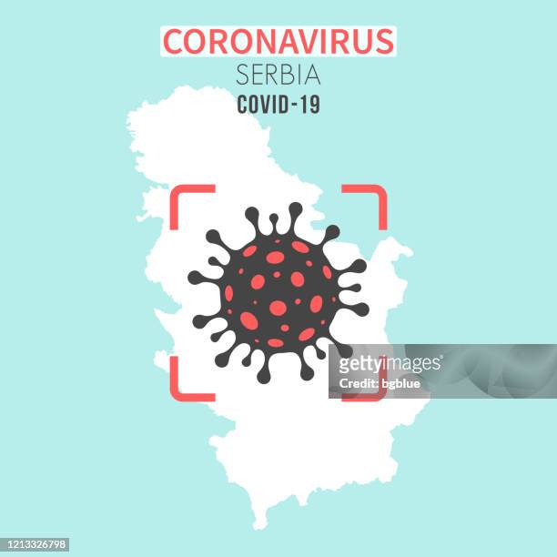 serbien karte mit einer coronaviruszelle (covid-19) in rotem sucher - belgrade serbia stock-grafiken, -clipart, -cartoons und -symbole