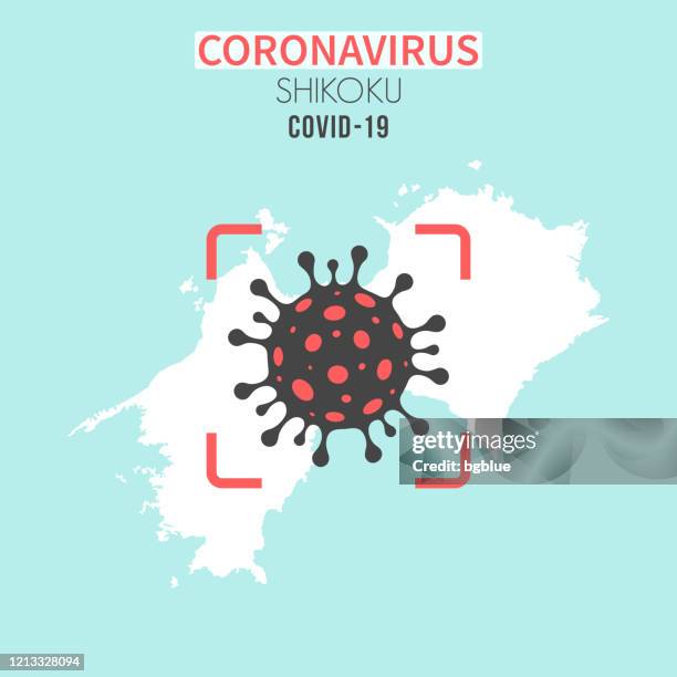 ilustrações, clipart, desenhos animados e ícones de mapa de shikoku com uma célula coronavírus (covid-19) no visor vermelho - shikoku