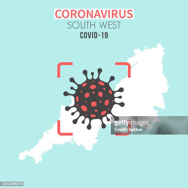 bildbanksillustrationer, clip art samt tecknat material och ikoner med sydvästra karta med en coronaviruscell (covid-19) i röd sökare - bristol england