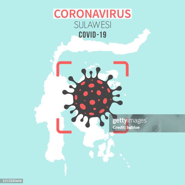 sulawesi map with a coronavirus cell (covid-19) in red viewfinder - sulawesi map stock illustrations