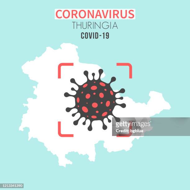 ilustrações, clipart, desenhos animados e ícones de mapa da turíngia com uma célula coronavírus (covid-19) no visor vermelho - erfurt