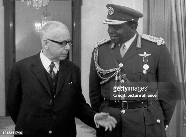 Der ugandische Staatschef Idi Amin und Bundespräsident Gustav Heinemann am 8. Februar 1972 in der Bonner Villa Hammerschmidt. Amin, der von 1951 bis...