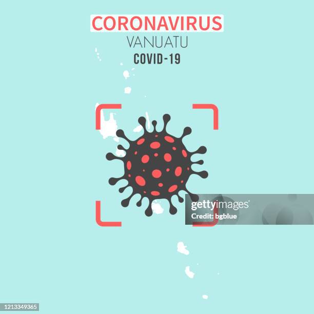 赤いファインダーでコロナウイルス細胞(covid-19)を持つバヌアツマップ - サンゴ海点のイラスト素材／クリップアート素材／マンガ素材／アイコン素材