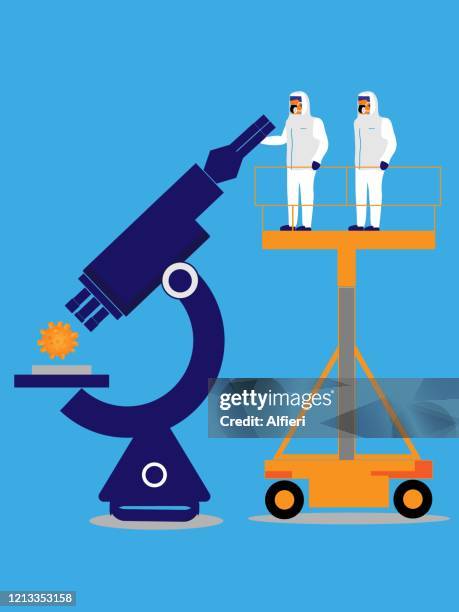 scientist look through a microscope at virus. - antibody testing stock illustrations