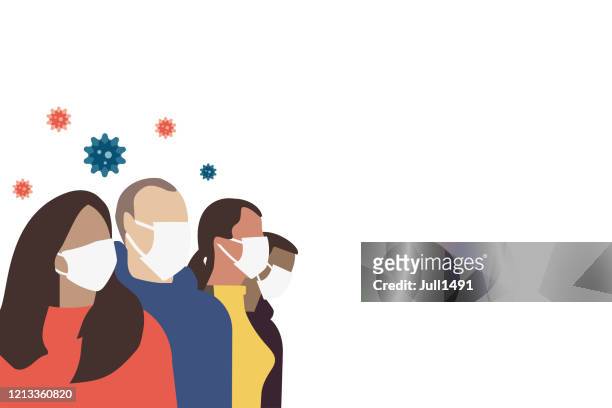 a group of people in protective respiratory masks. cells of a virus flying in the air. - infectious disease stock illustrations