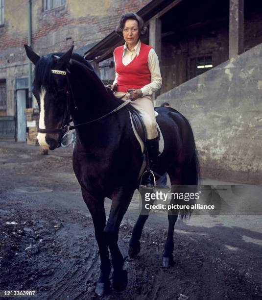 Die deutsche Schriftstellerin Utta Danella hoch zu Pferde bei einem Ausritt in einem Wald bei München. Aufnahme von 1975.