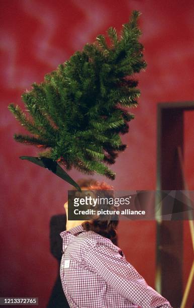 Der Kandidat Tristan Iser balanciert am bei der Fernsehshow "Wetten, dass..." in Freiburg erfolgreich einen kleinen Weihnachtsbaum aus Plastik auf...