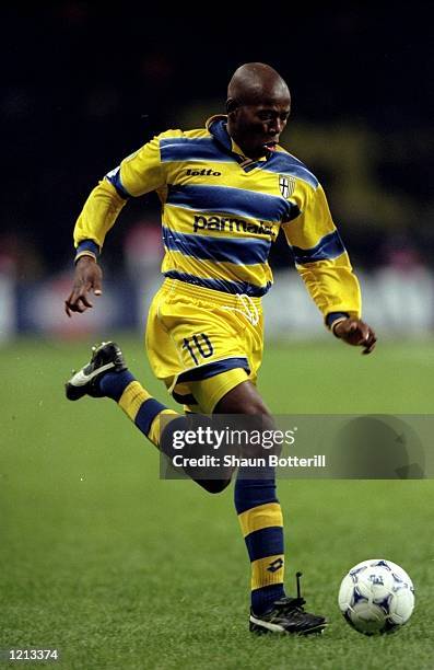 Faustino Asprilla of Parma in action during the UEFA Cup Final against Marseille played in Moscow, Russia. The match finished in a 3-0 win for Parma,...