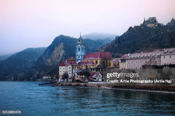 view of durnstein on the danube river, krems-land district, austria - krems austria stock pictures, royalty-free photos & images