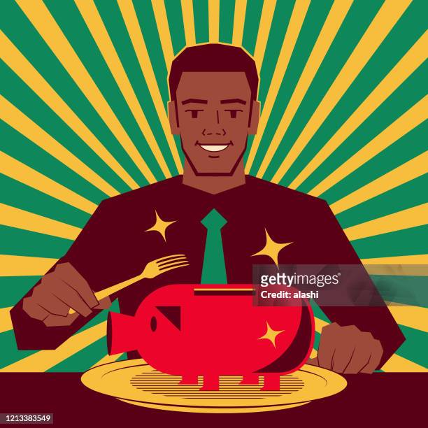 handsome african-american ethnicity businessman is ready to use the fork to eat a big spariggy bank on the plate - hedge fund stock-grafiken, -clipart, -cartoons und -symbole