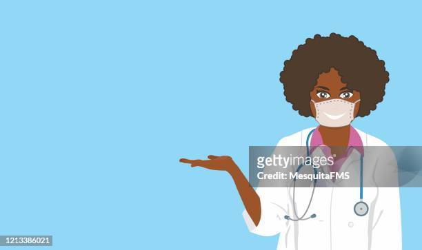 ilustraciones, imágenes clip art, dibujos animados e iconos de stock de doctora femenina dando instrucciones - afro