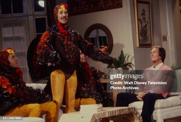 Brett Hudson, Mark Hudson, Bill Hudson, the Hudson Brothers dressed as turkeys, Pat Boone appearing on the ABC tv special 'Pat Boone and Family...