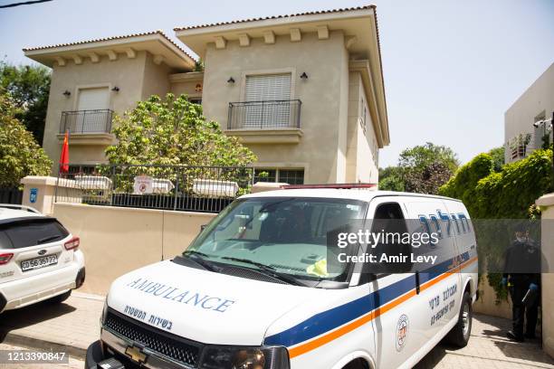 An ambulance leaves the house of China's Ambassador to Israel Du Wei, after he was found dead in his house on May 17, 2020 in Herzliya, Israel. Du...