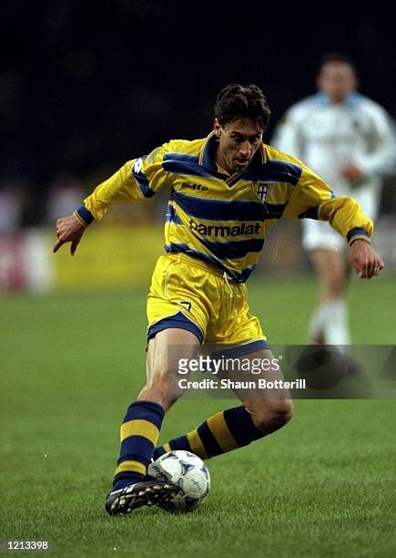 Diego Fuser of Parma in action during the UEFA Cup Final against Marseille played in Moscow, Russia. The match finished in a 3-0 win for Parma, and...