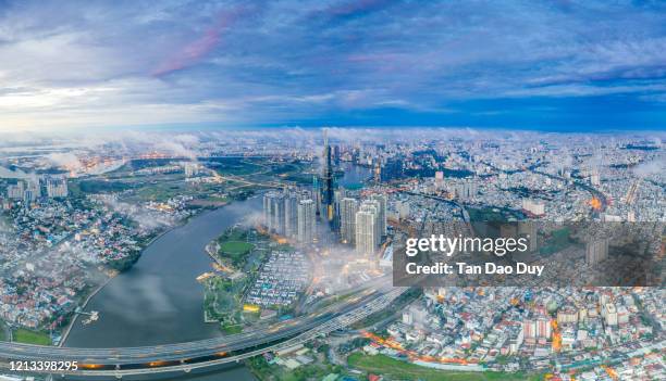 the landmark81 sunrise - ho chi minh city, vietnam - top view - flycam - drone. - ho chi minh city 個照片及圖片檔