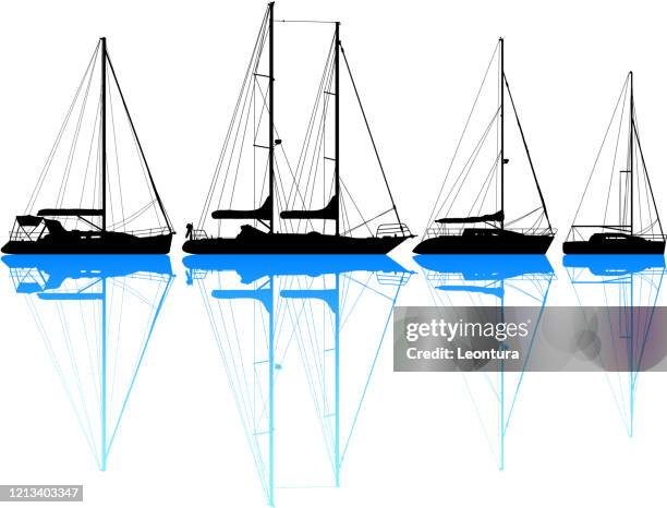 sehr detaillierte yacht silhouetten - yachthafen stock-grafiken, -clipart, -cartoons und -symbole