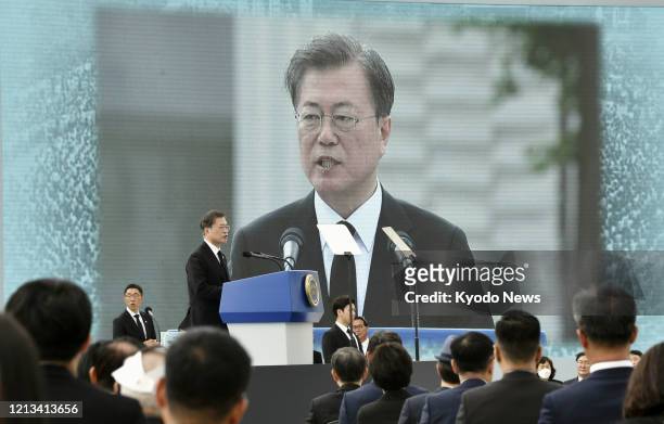 South Korean President Moon Jae In delivers a speech at a ceremony to mark the 40th anniversary of the May 18 Democratization Movement in Gwangju on...