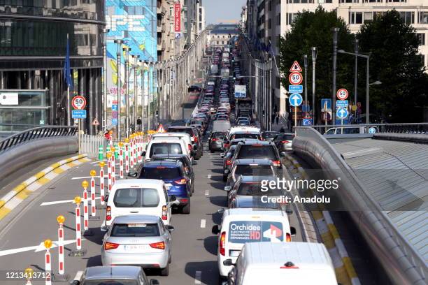 Vehicle traffic is seen in Brussels, Belgium on May 18, 2020 after the country eased coronavirus measures in place to curb the spread of the...