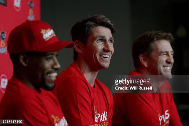 Damian Martin, Bryce Cotton and Trevor Gleeson, coach of the Wildcats speak to the media after the Perth Wildcats were awarded the 2019/20 Hungry...
