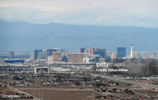 General view shows many of the hotel-casinos and other properties that are now closed in response to the coronavirus continuing to spread across the...