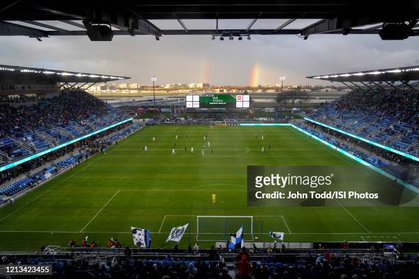 Double rainbow behind Earthquakes Stadium during a game between Minnesota United FC and San Jose Earthquakes at Earthquakes Stadium on March 7, 2020...