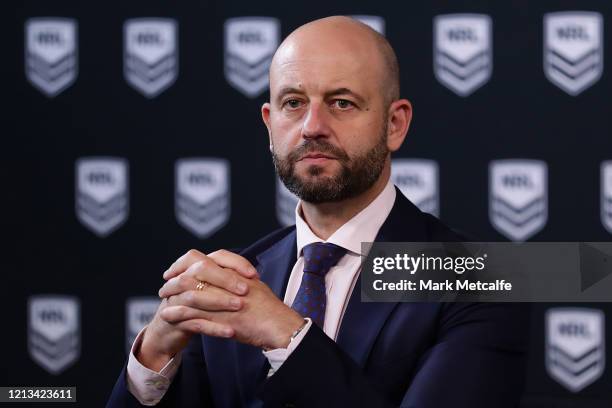 Todd Greenbergs speaks to the media during a NRL press conference at Rugby League Central on March 19, 2020 in Sydney, Australia.