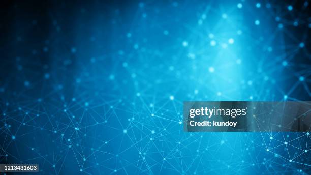 network connection technology concept background. abstract lines and dots in the blurred blue sky background. can use for website banner or background. - plexus stock-fotos und bilder