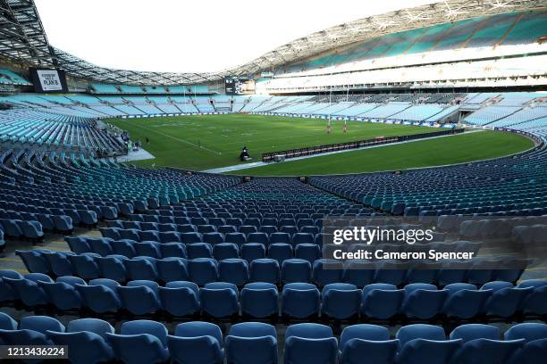 An empty ANZ Stadium ahead of the round 2 NRL match between the Canterbury Bulldogs and the North Queensland Cowboys at ANZ Stadium on March 19, 2020...