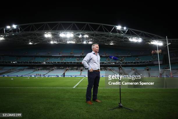 Cowboys coach Paul Green speaks in front of an empty stadium during the round 2 NRL match between the Canterbury Bulldogs and the North Queensland...