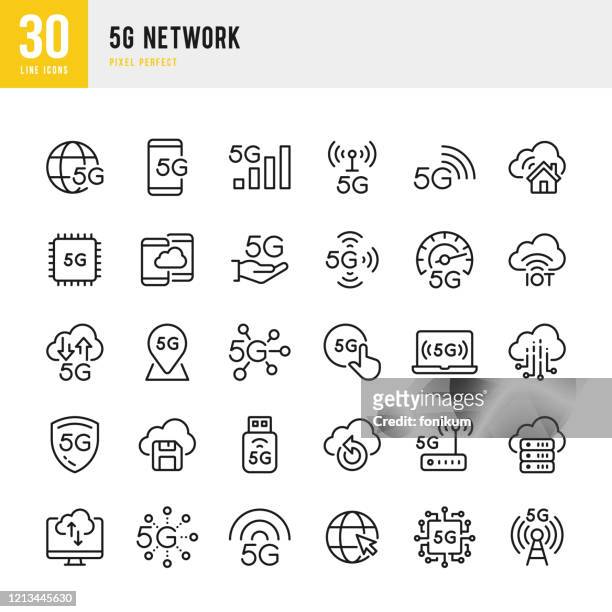 5g-netzwerk - dünnlinien-vektor-symbol-set. pixel perfekt. das set enthält symbole: 5g network, cloud computing, big data, internet of things. - speedometer stock-grafiken, -clipart, -cartoons und -symbole