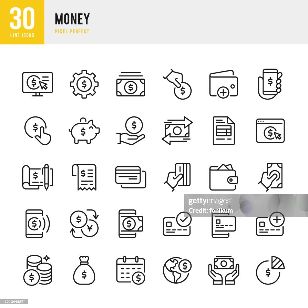 Argent - ensemble d’icônes vectorielles de ligne mince. Pixel parfait. L’ensemble contient des icônes: Carte de crédit, Sac d’argent, Paiement mobile, Pièces de monnaie, Piggy Bank.