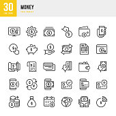 Money - thin line vector icon set. Pixel perfect. The set contains icons: Credit Card, Money Bag, Mobile Payment, Coins, Piggy Bank.