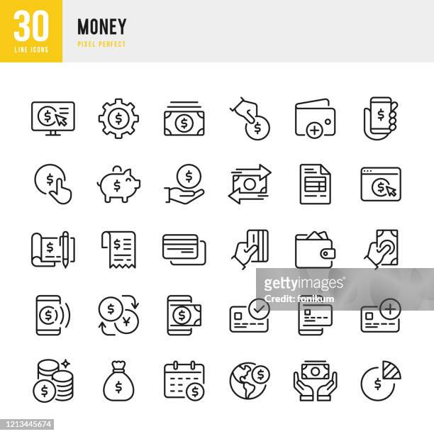 money - thin line vector icon set. pixel perfect. the set contains icons: credit card, money bag, mobile payment, coins, piggy bank. - financiën stock illustrations
