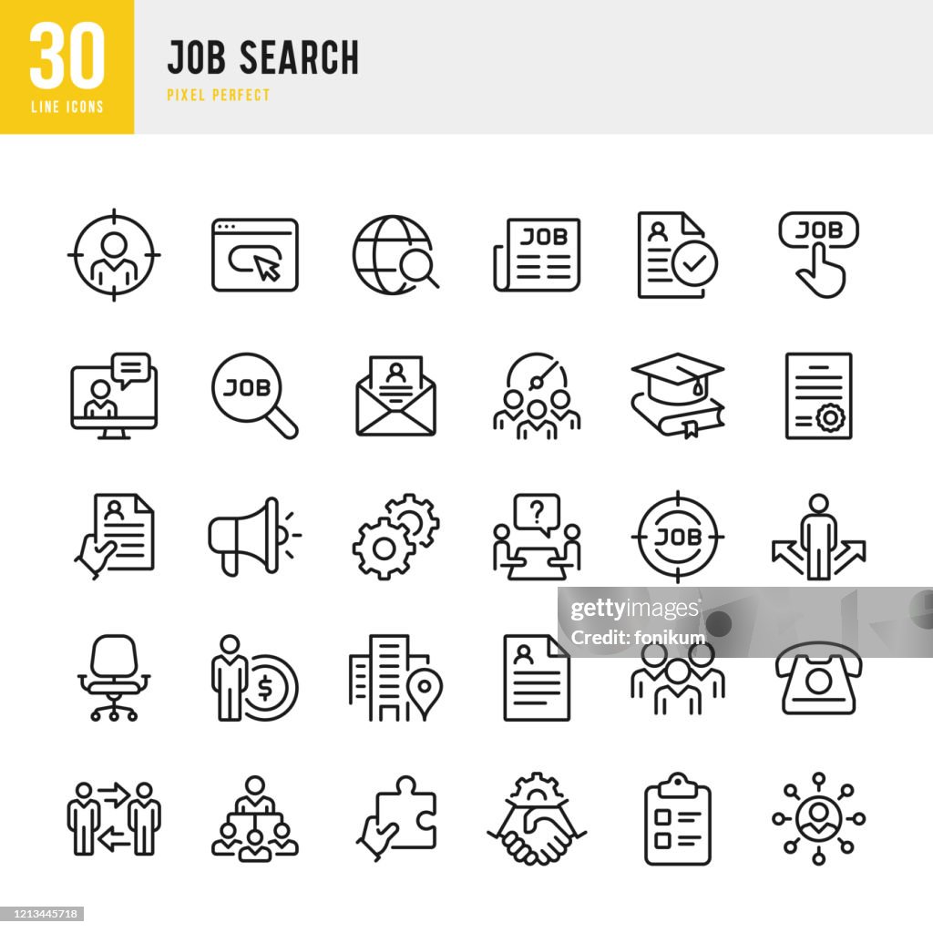 Búsqueda de trabajos - conjunto de iconos vectoriales de línea delgada. Píxel perfecto. El conjunto contiene iconos: Búsqueda de trabajo, Trabajo en equipo, Reanudar, Apretón de manos, Administrador.