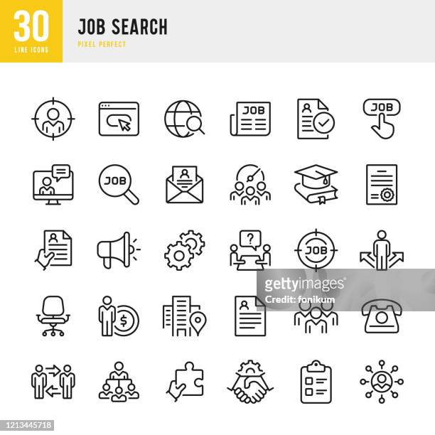 job search - thin line vector icon set. pixel perfect. the set contains icons: job search, teamwork, resume, handshake, manager. - searching stock illustrations