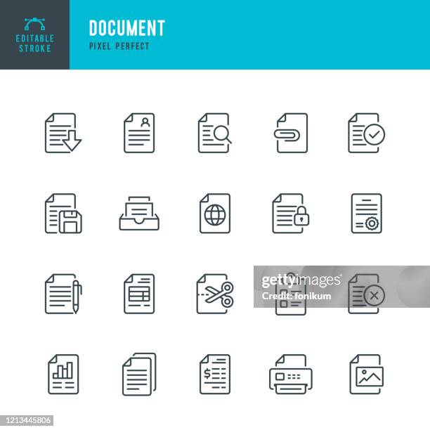 dokument - dünnlinienvektor-symbolgesetzt. pixel perfekt. bearbeitbarer strich. der satz enthält symbole: dokument, zwischenablage, lebenslauf, datei, archiv, dateisuche. - miteinander verbunden stock-grafiken, -clipart, -cartoons und -symbole