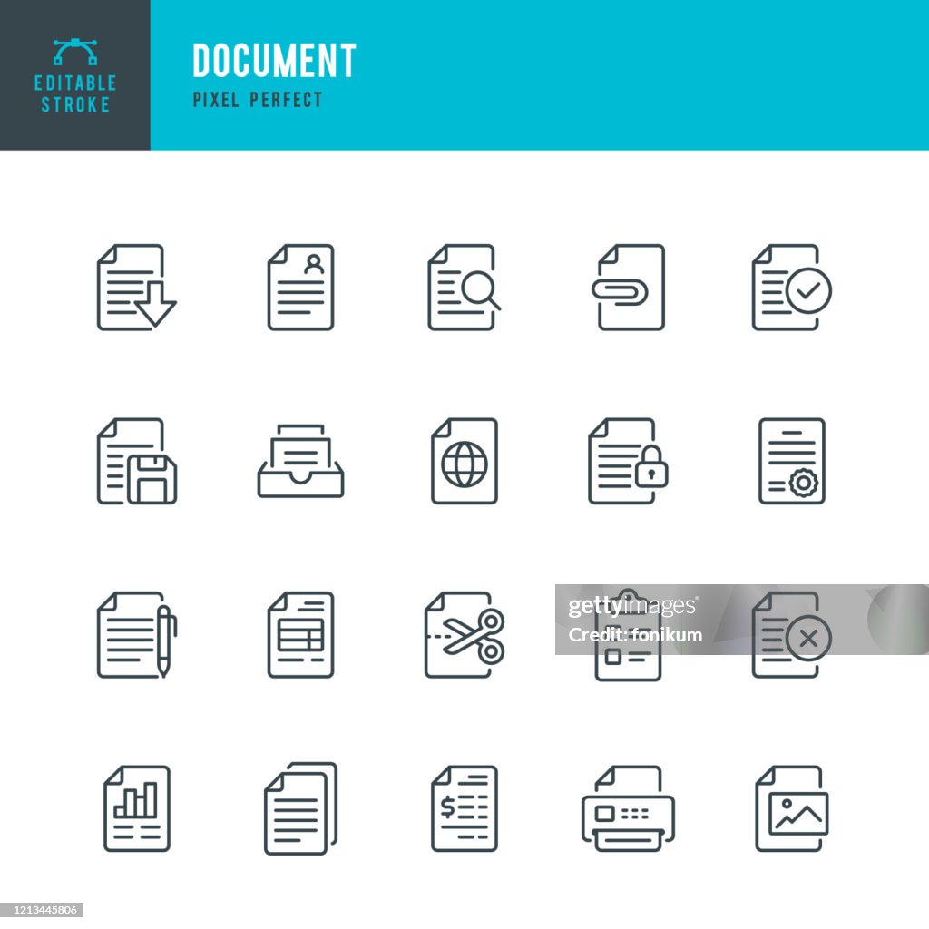 Document - thin line vector icon set. Pixel perfect. Editable stroke. The set contains icons: Document, Clipboard, Resume, File, Archive, File Search.