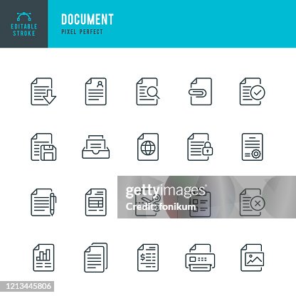 Document - thin line vector icon set. Pixel perfect. Editable stroke. The set contains icons: Document, Clipboard, Resume, File, Archive, File Search. Document - thin line vector icon set. Pixel perfect. Editable stroke. The set contains icons: Document, Clipboard, Resume, File, Archive, File Search.