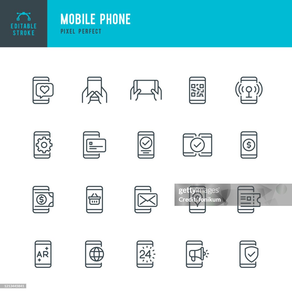 Mobiltelefon - tunn linje vektor ikonuppsättning. Pixel perfekt. Redigerbar linje. Uppsättningen innehåller ikoner: Smart Phone, Kontaktlös betalning, mobilbetalningar, Augmented Reality, Online Shopping, E-post, QR Scaning.